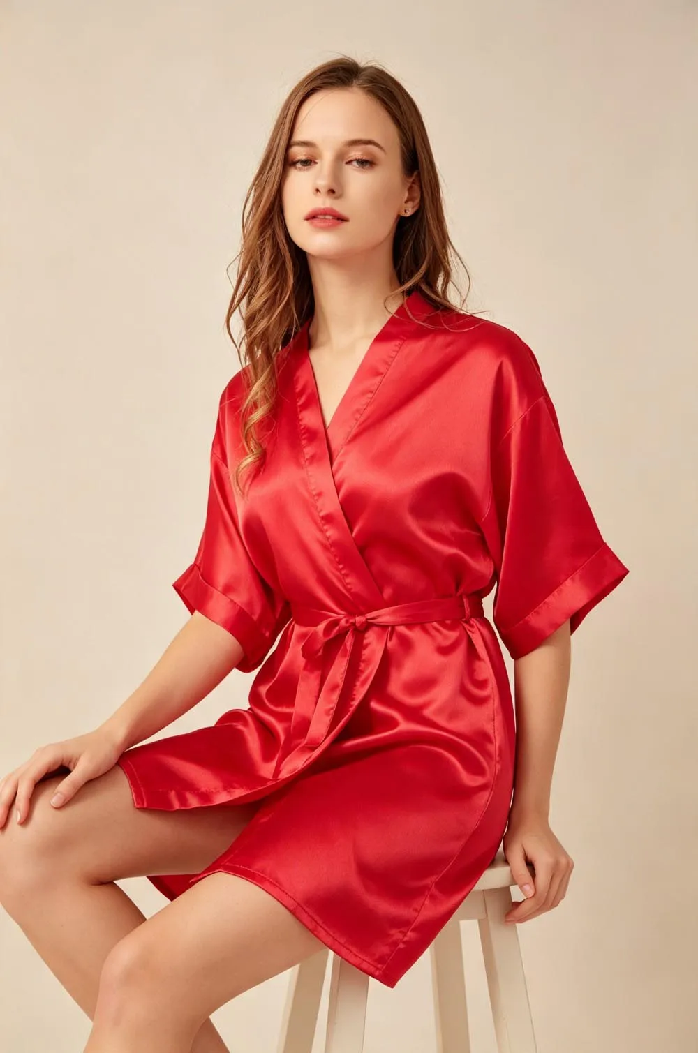 Short Sleeve Women Silk Satin Robe Belted Kimono Bathrobe Solid Color Ladies Nightwear Bridesmaid Wedding Party Loungewear