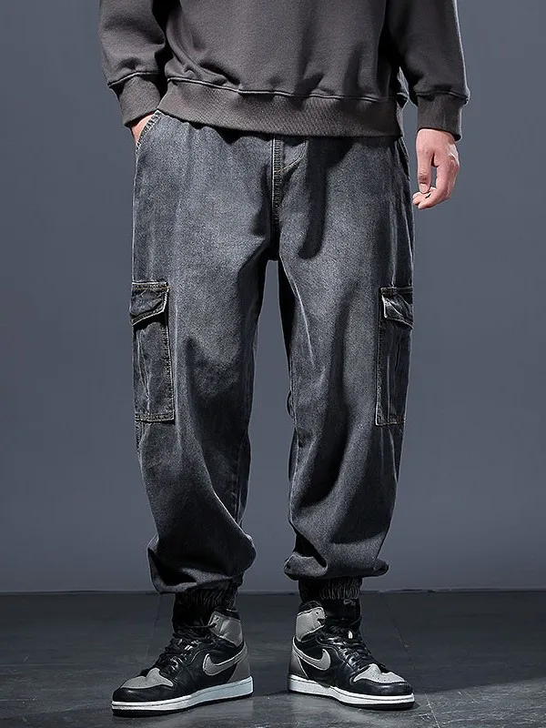 

Retro American Harem Casual Jeans Men's Spring Autumn Large Size Multi-ket Dstring plus Size Loose Fit Trousers