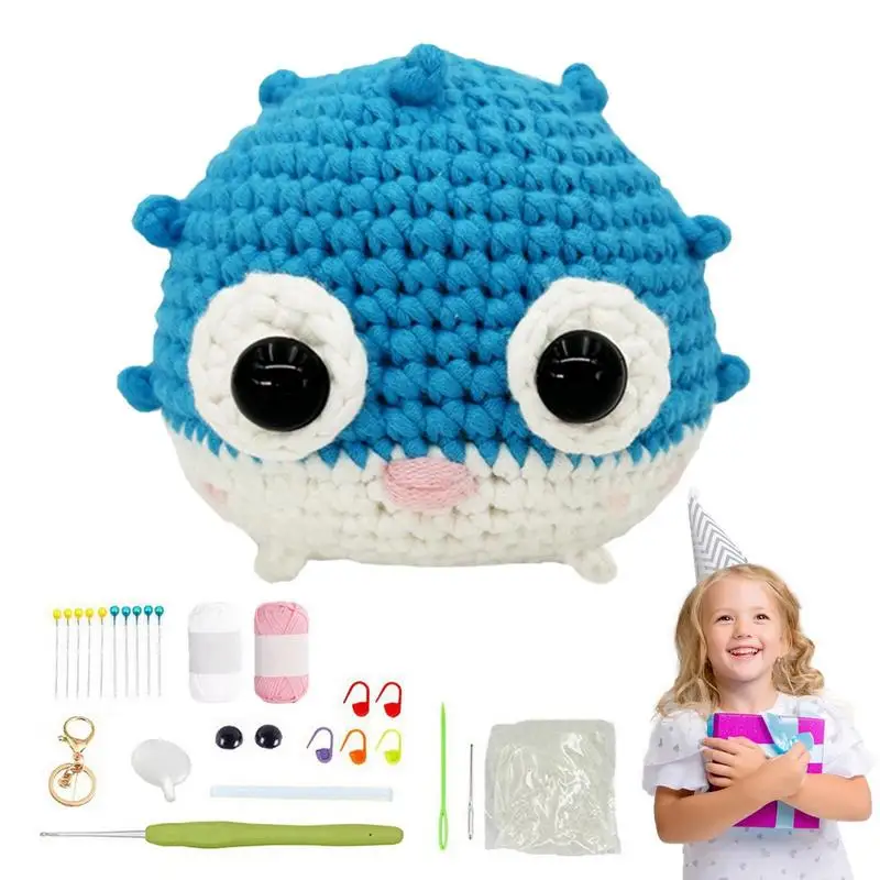 

Beginner Crochet Kit Cute Handmade DIY Crochet Blowfish Kit Portable Crochet Animal Starter Kit With Simple Crochet Tool Set