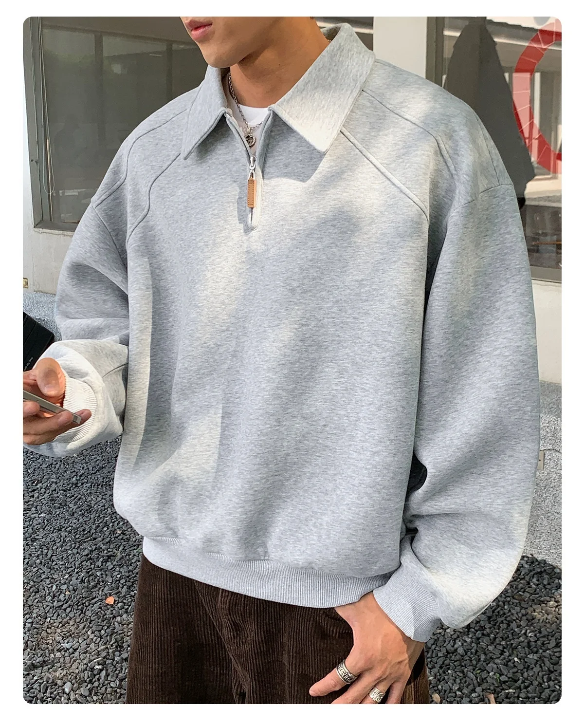 TFETTERS Eu Size 2026 Men Half Zip Collared Sweatshirt Autumn Heather Gray Pullover Loose Fit Casual Daily Long Sleeve Sweat Top