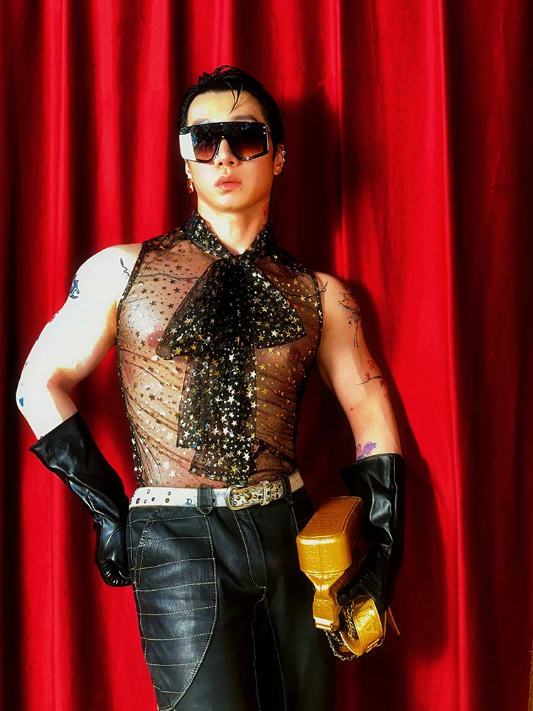 

Elegant Dinner Knot Sash Sexy Slim Mesh See through Sleeveless Shirt Vest Fashionable Urban Style for Young Men