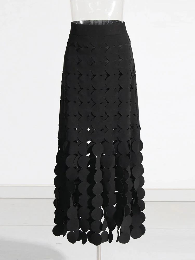 Patchwork Tassel Hem Midi Skirt For Women High Waist Solid Minimalist Long Skirts Female Fashion Spring Clothing 2024 Style