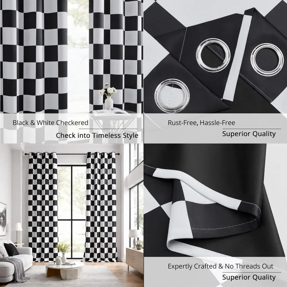 

Термоизолирующие шторы с черно-белым клетчатым узором в виде гоночных флагов, 2 панели, 52x108 дюймов, шумопоглощающие для спален и гостиных