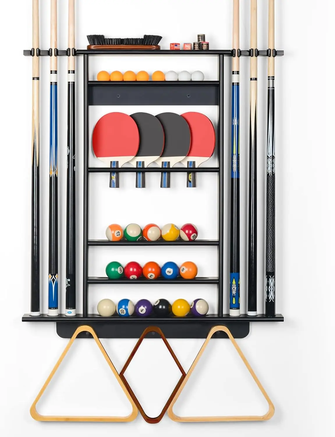 Pool Stick Holder, 2-IN-1 Pool Cue Rack & Ping Pong Paddle Holder, 100% Solid Pine Wood Wall Mount Holds Billiards and Table Ten