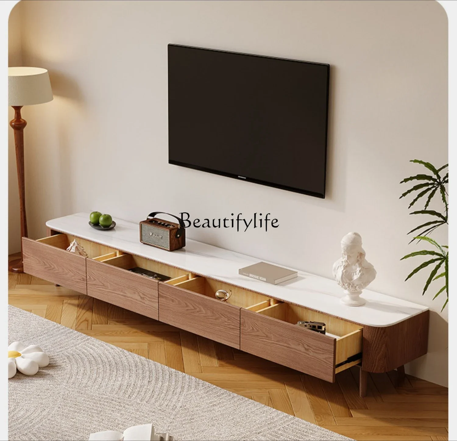 

Nordic slate solid wood TV cabinet modern simple floor locker