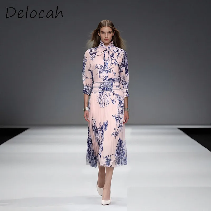 

Delocah весенне-летнее модное женское однобортное платье с воротником-стойкой и цветочным принтом на эластичной талии с семи рукавами