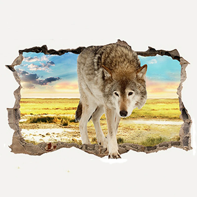 Snow Wolf 3D Vinyl Broken Wall Hole Art Mural Stickers Home Decorations for Living Room Animal Grassland Landscape Wallpaper