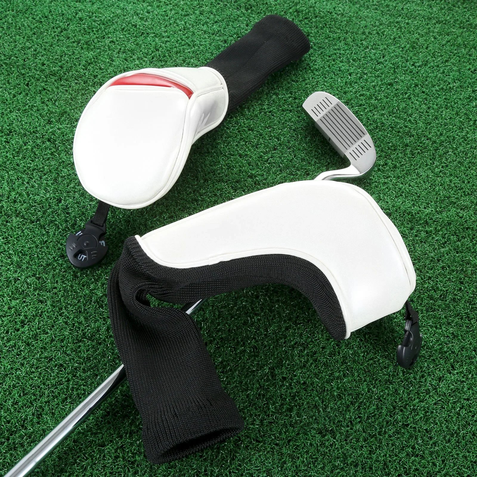 4 sztuki / zestaw pokrowców na główkę golfa białe z czerwonym paskiem PU 1,3,5, U Wymienny pokrowiec na główkę klubu golfowego