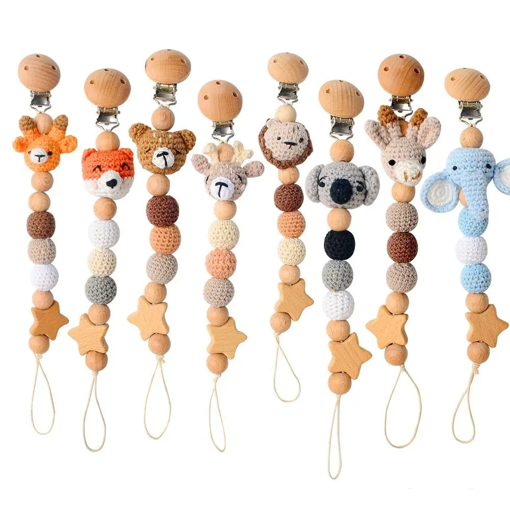 Wood Children Dummy Clips Crochet Animal Pacifier Clips Baby Pacifier Chain Baby Teether  Straps Pacifier Holder Clips