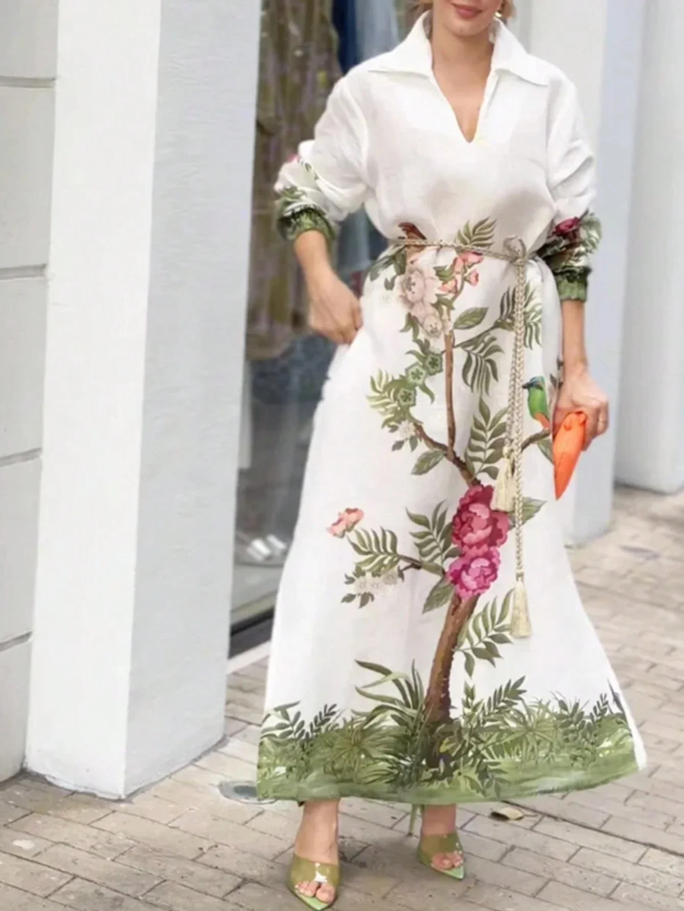 

Женское повседневное свободное платье-рубашка с принтом деревьев, воротником и карманами, весна-осень, элегантное, белое