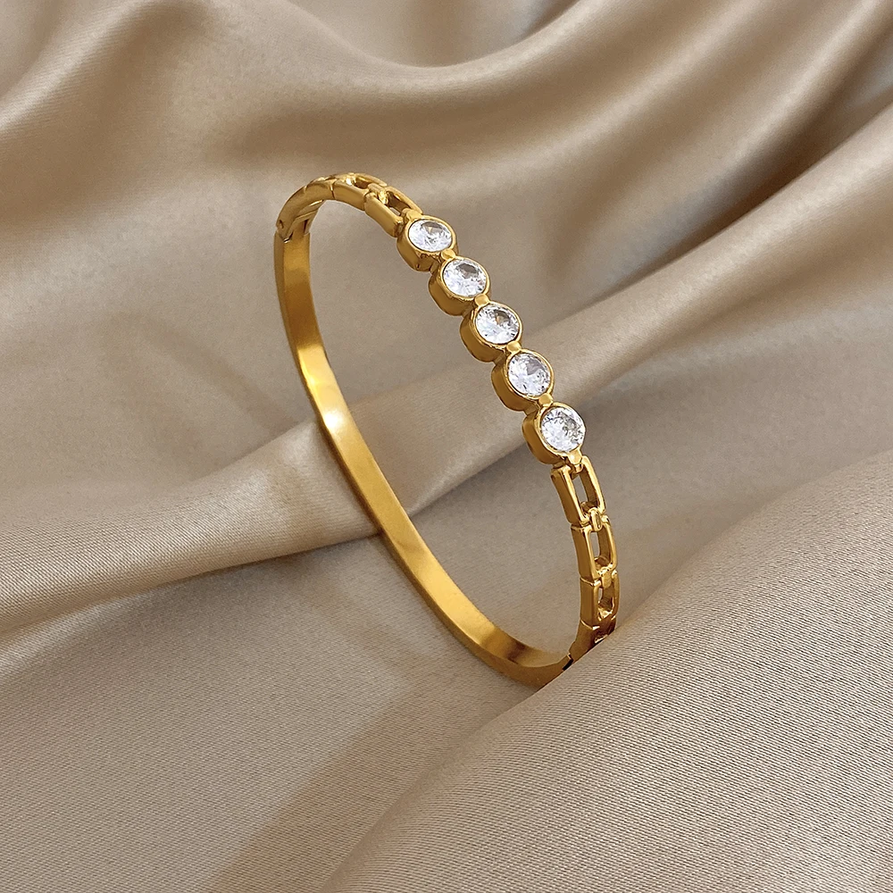 

Fteetry Luxury Round Zircon Stainless Steel Bangle Bracelet for Women Minimalist Waterproof Gold Color Bracelet Jewelry Gift New