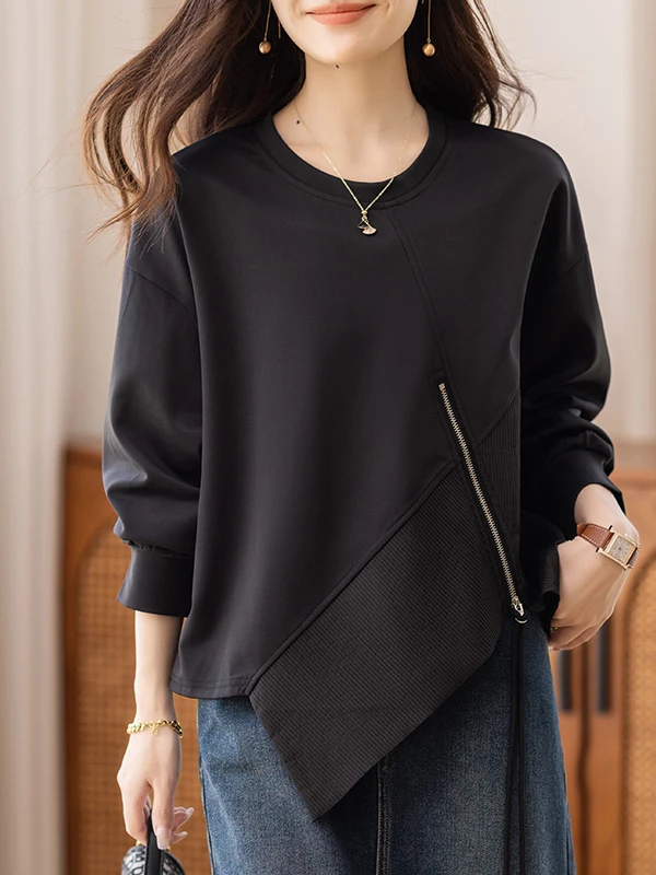

Casual Color Zipper Hoodie Large Size Women's round Ne Long Sve Loose Top All-Match Spring Autumn Irregular Design
