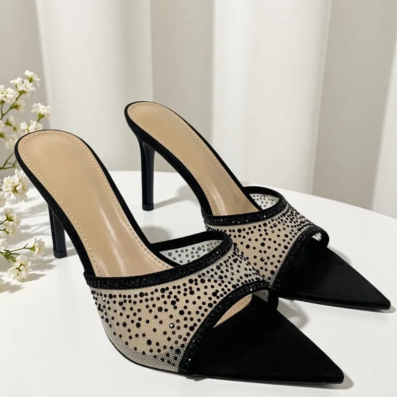 Water diamond pointed slender heel high-heeled slippers for women, sexy and fashionable for outdoor wear,  summer new half drag