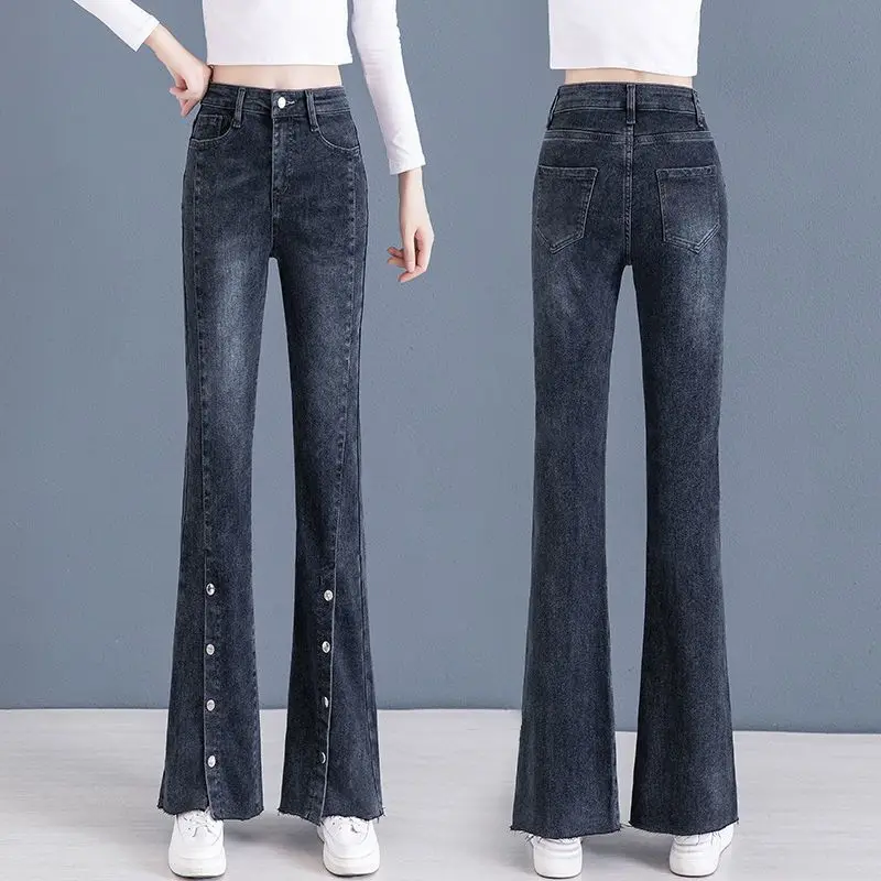 Stretch Women Flare Jeans Streetwear Vintage Button Split High Waist Denim Trousers Oversized Straight Pant Korean Pantalones