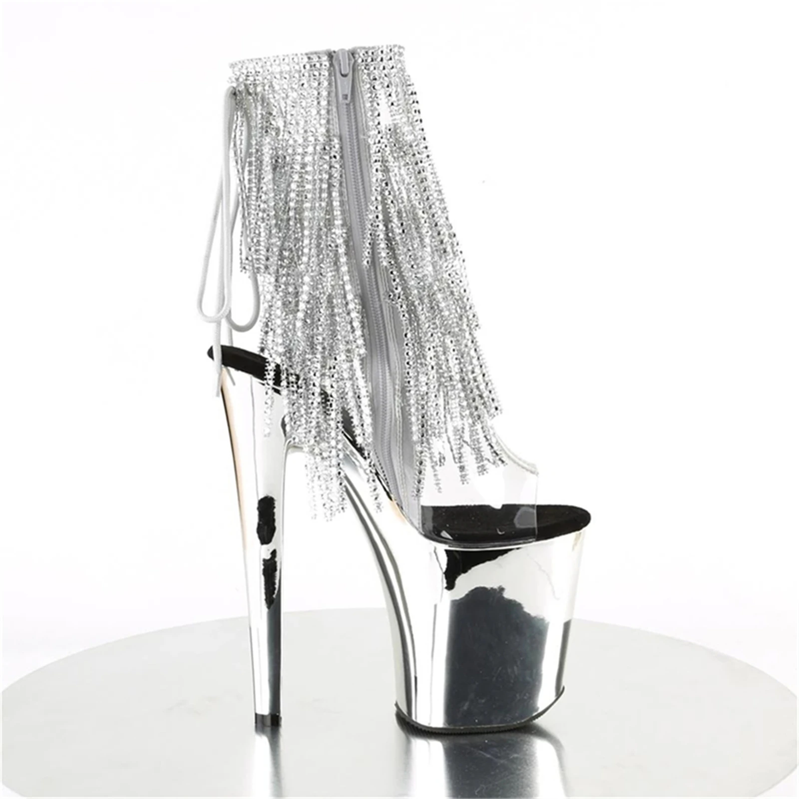 كعب كروم ساخن 20 سم مع سلاسل كريستالية | صنادل ذات نعل سميك لامع بحزام شفاف | أحذية نادي الحفلات المثيرة للنساء ليلاً #4