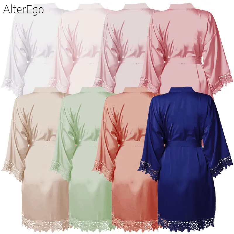 

Wholesale 8 Colors of Robes with Lace Cuffs and Hem Women's Pajamas Popular Pure Bathrobe Wedding Kimono Short Soft Silky Lounge