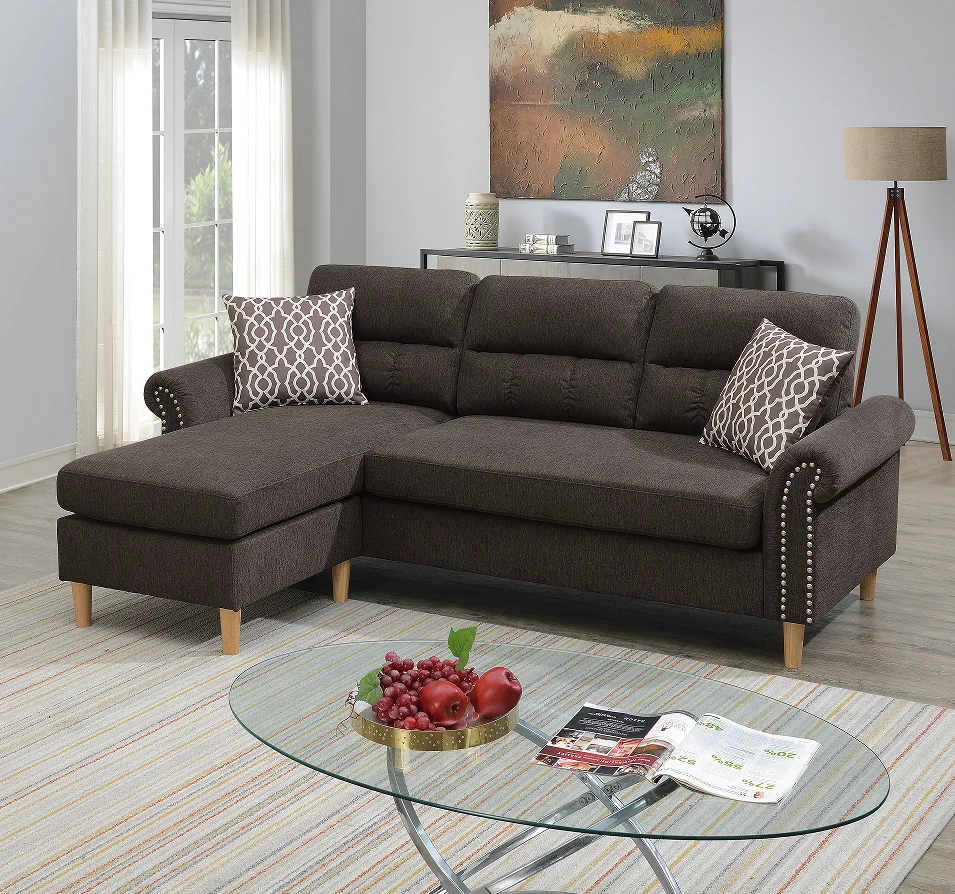 #Modern Velvet Reversible Sectional Set With Wood Legs And Square Arms 2 Accent Pillows In Tan For Living Room