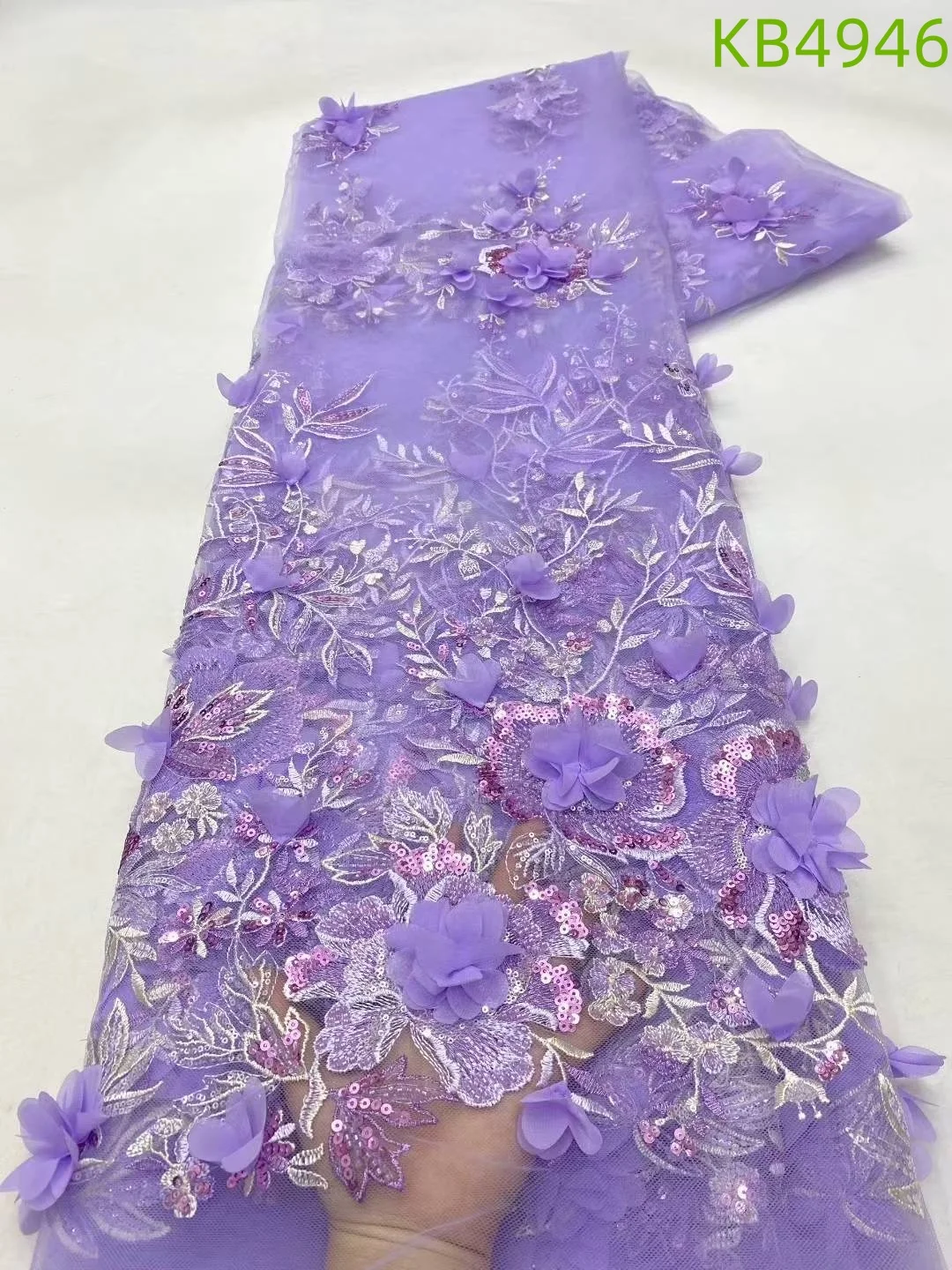

Sky Blue Beaded Lace Fabric High Quality Embroidered Lace 2024 White Birdal Lace 3D Flower Lace Fabric For Wedding Dress KB4946