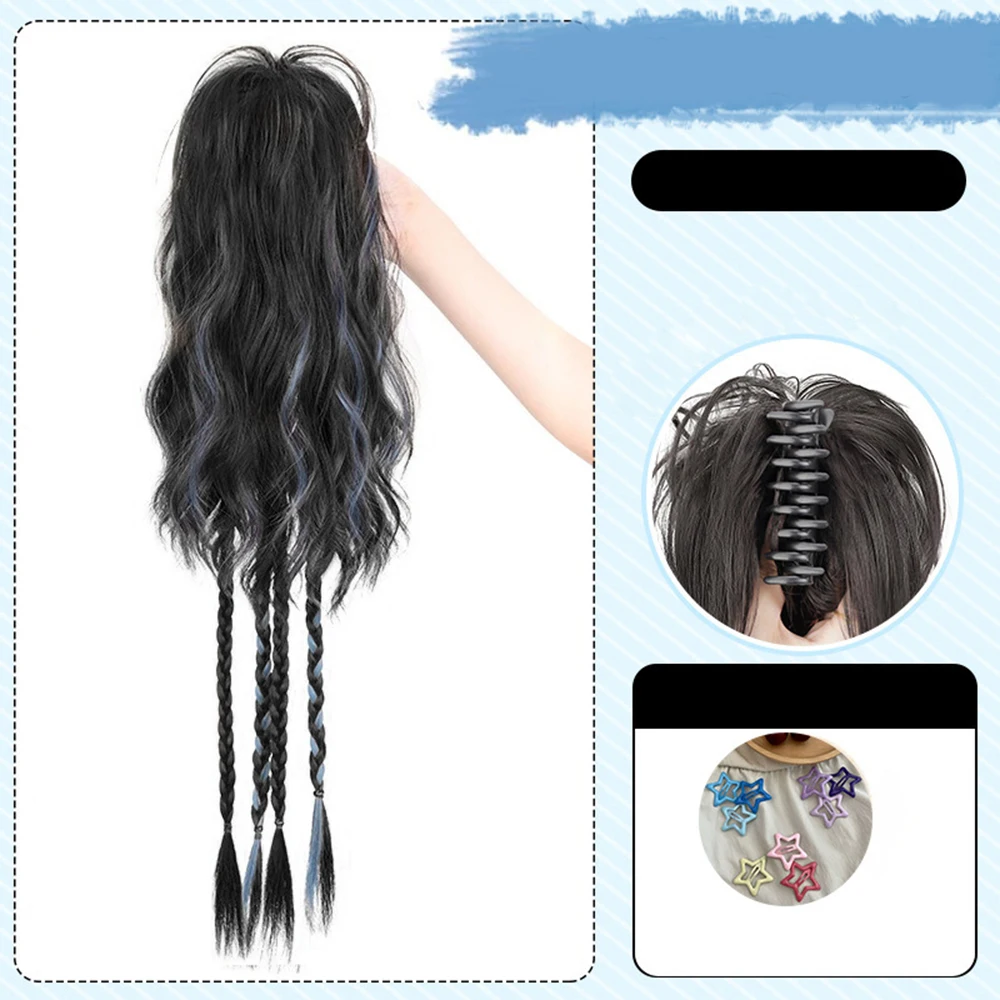 Sweet Highlight Braid Curly High Ponytail Grab Wig Dopamine Girl Blue Dyeing Water Ripple Twists Braid Hair Accessories