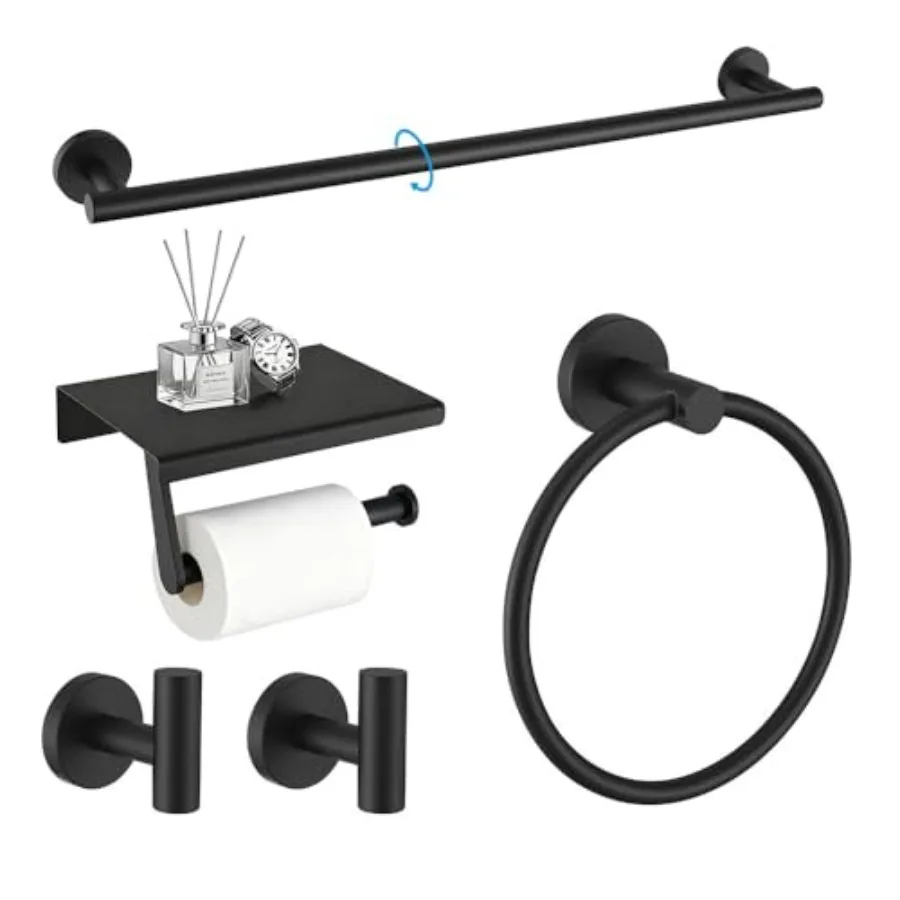 

Black 5-Piece Bathroom Hardware Set SUS304 Stainless Steel Round Towel Bar Towel Ring Toilet Paper Holder 2 Robe Hooks Conceale