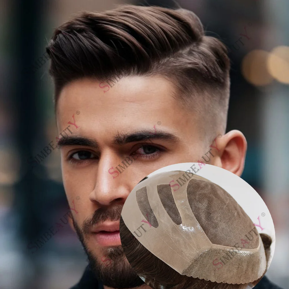 

Мужской протез для замещения волос из натуральных волос с прочным NPU-креплением # 18 Темно-русый пепельно-коричневый серый 510 # Система париков с естественной линией волос