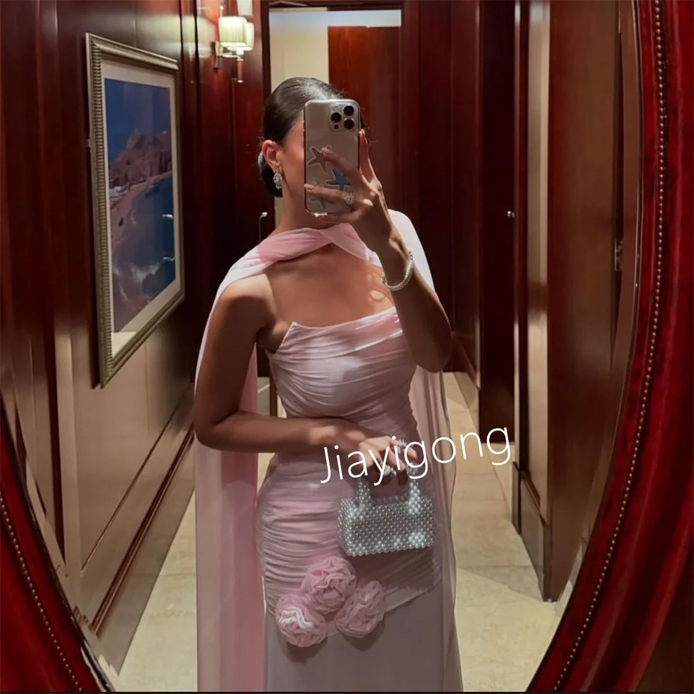 Customized Simple Chiffon Handmade Flower Pleat A-line Strapless Midi Dresses Quinceanera  Formal Modern Style
