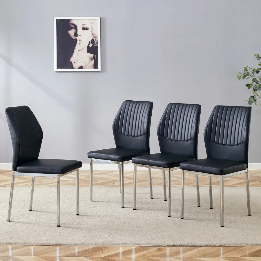 4-piece set of black silver light luxury PU dining chairs: ergonomic backrest, 36.7 inches high, suitable for multiple scenario