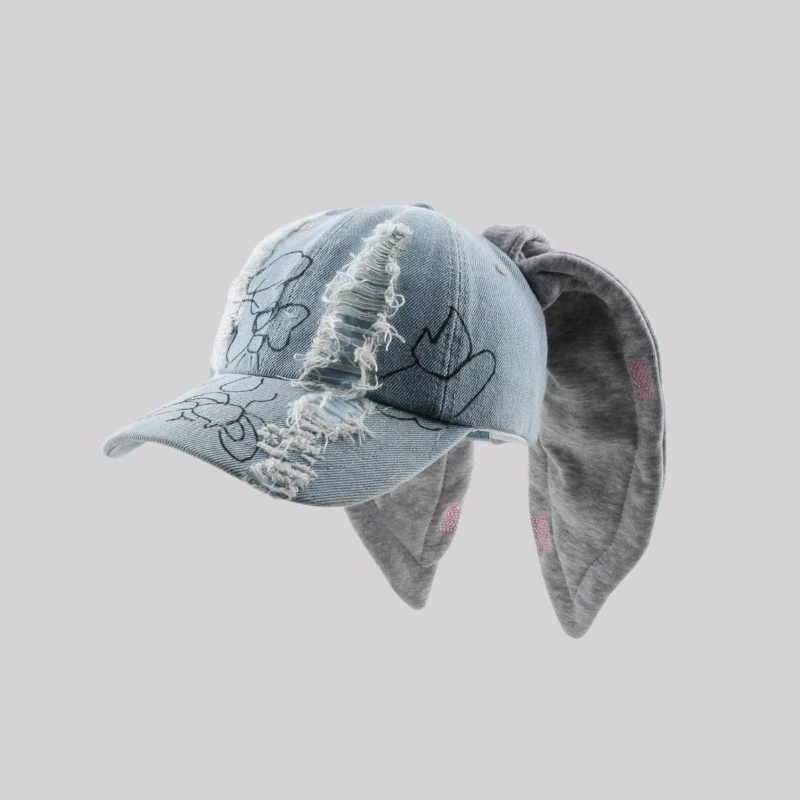 Von Prominenten inspirierte Niche Rabbit Ear Denim Ripped Baseball Cap Washed Graffiti Hip-Hop Sun Hat Trendy Cap – Detail 11