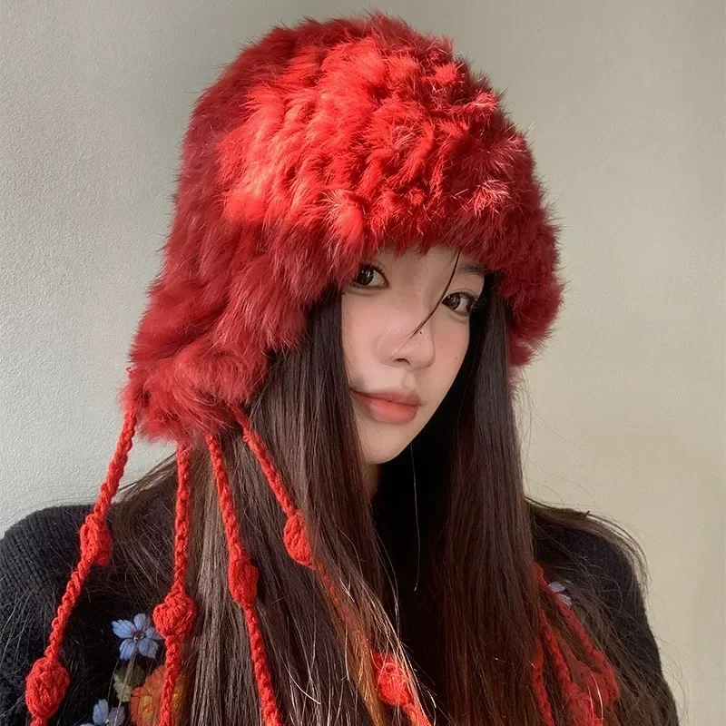 Red Rabbir Furry Women Winter Cap  with Tassel Outdoor Skating Travel Thick Ear Protection Girls Bomber Hats Sombreros De Mujer