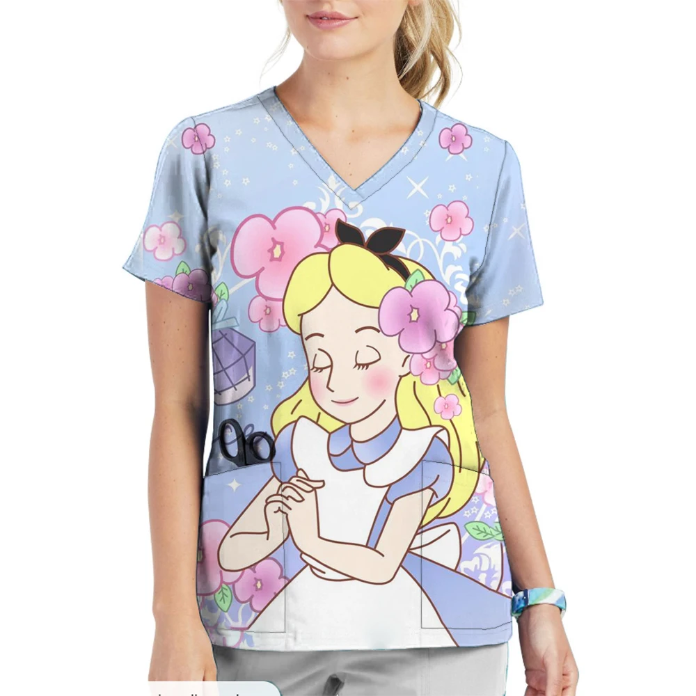 Disney Ariel Elsa Princess Women Short Sleeve V-neck Carer Top Nurse Uniforms Woman Tops Beauty Uniform Cartoon Workwear ﻿