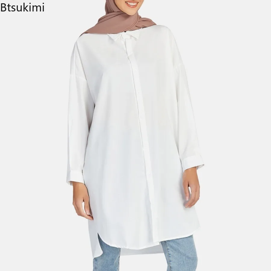 New Muslim Fashion Solid Blouse for Women Long Sleeve Simple Mid-length Shirts 2024 Islamic Clothing Casual Loose Tops for Women