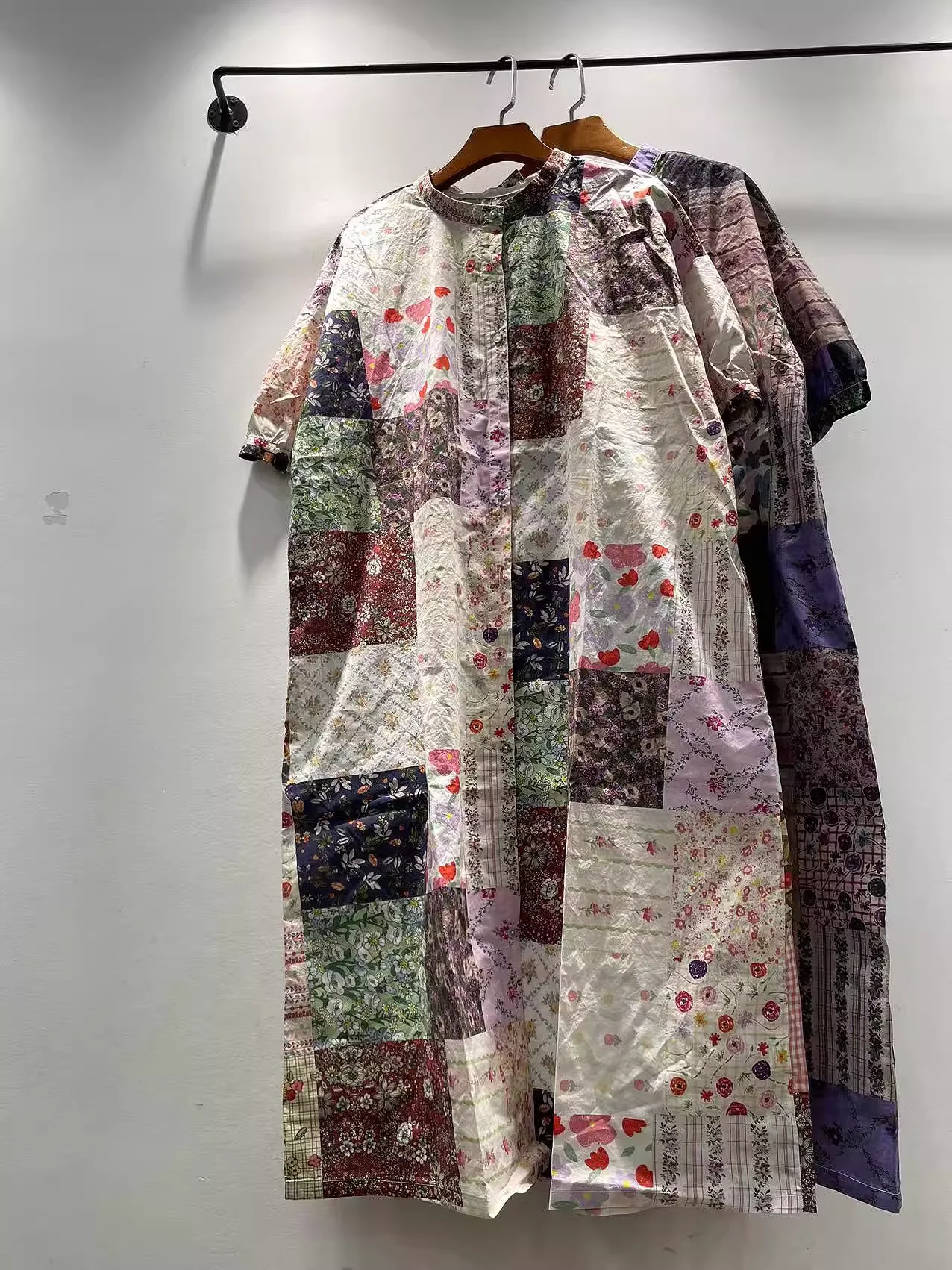 2025 빈티지 롱 드레스 여성 여름 하라주쿠 패션 프린트 패치워크 셔츠 드레스 100% 코튼 싱글 버튼 드레스