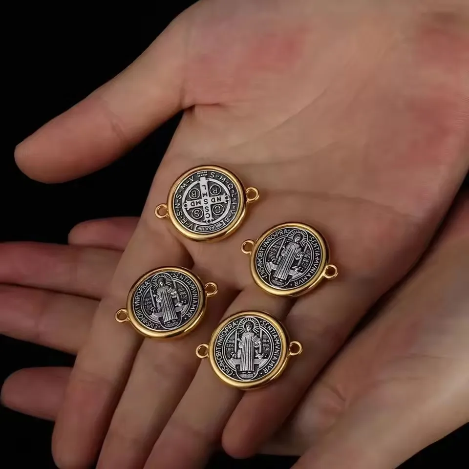 6Pcs Gold Plated Saint Benedict Medal Connector Charms, Catholic San Benito Double Sided Jewelry Links for Bracelet Making