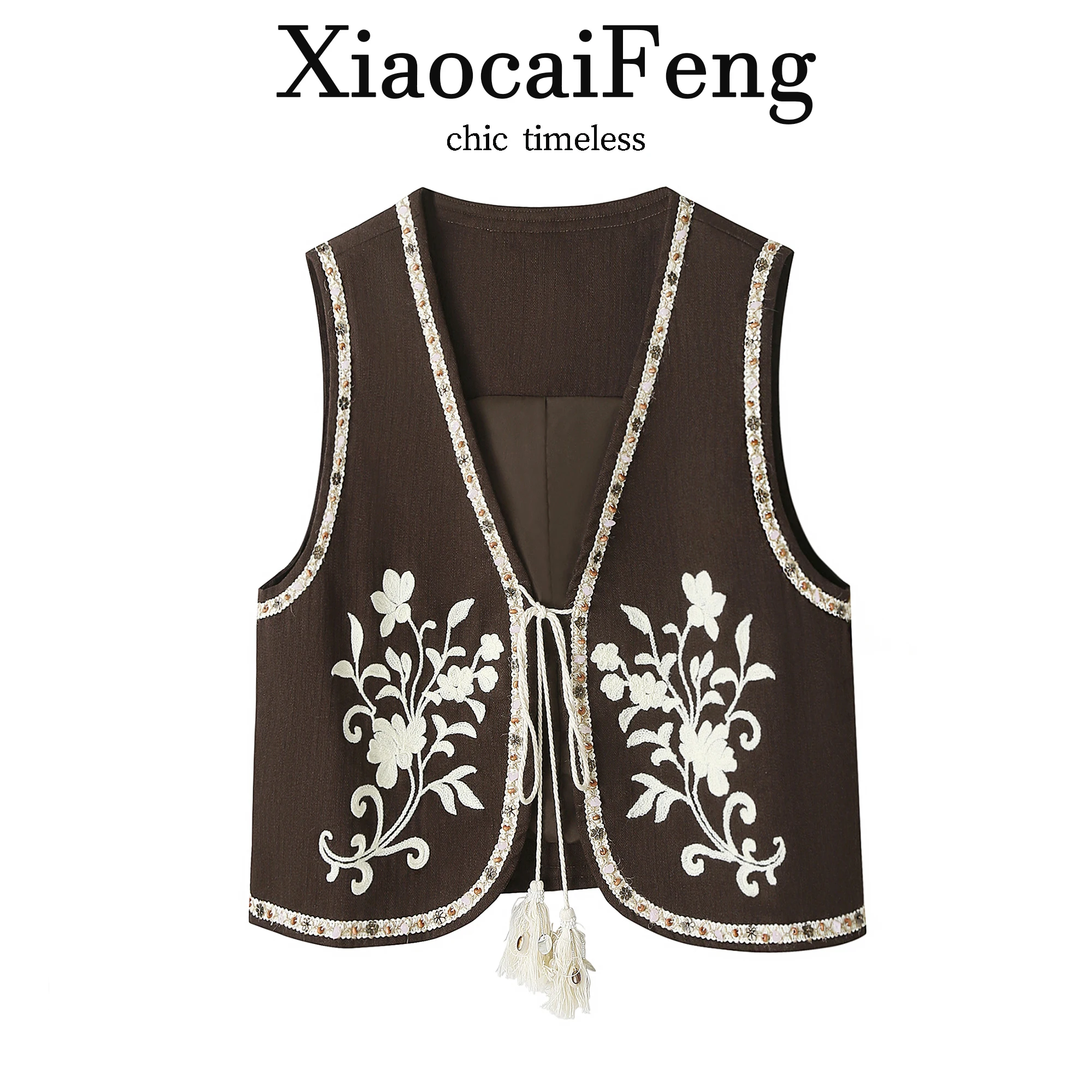 Bohemian Heavy Embroidery Beaded V-neck Women's Vest Summer Versatile Sleeveless Jacket Outerwear Trendy Short Plant Floral