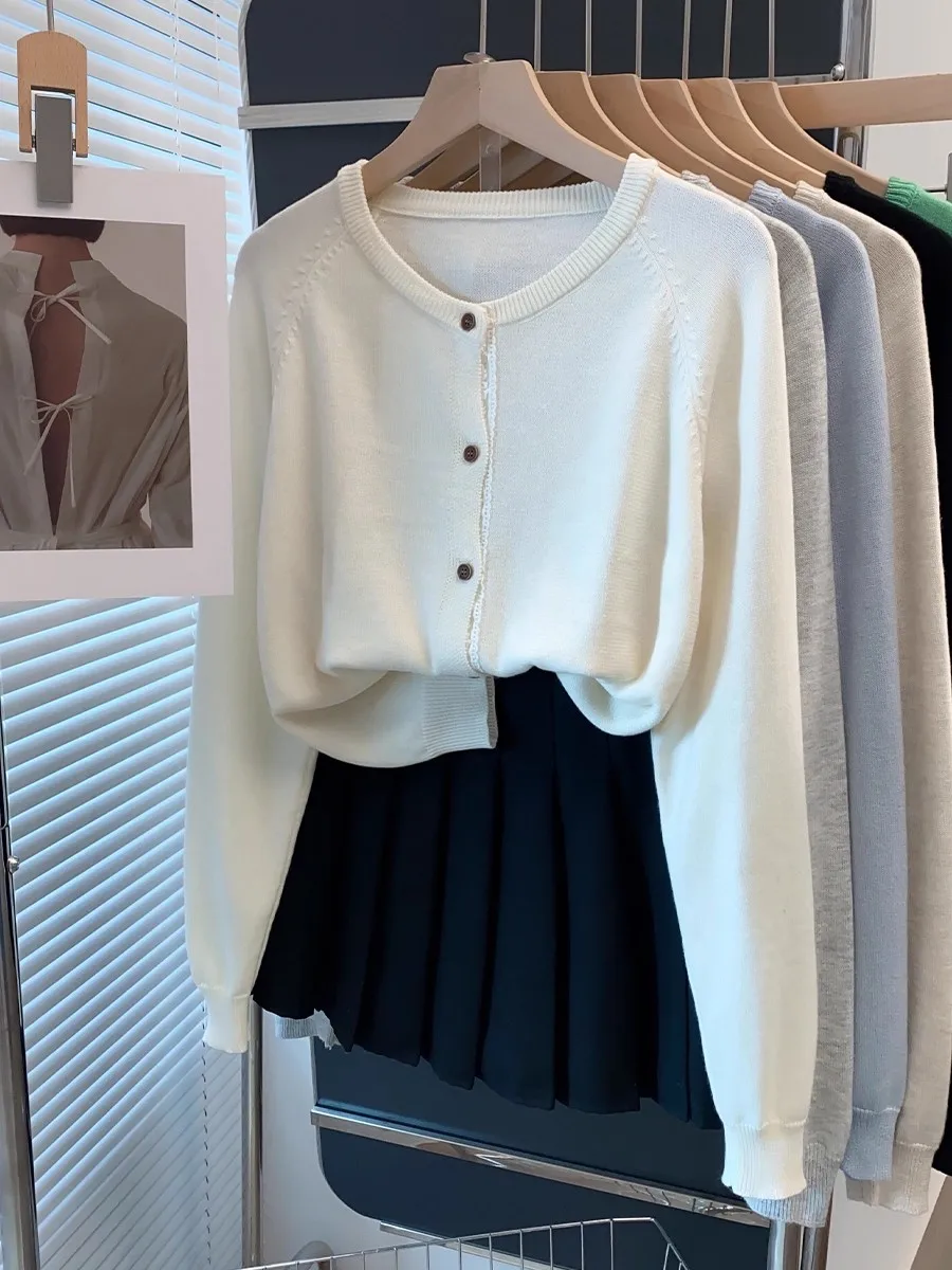 2025 couleur unie tricots hauts automne hiver à manches longues femmes Cardigans amples dentelle col rond tricoté pull femmes vêtements