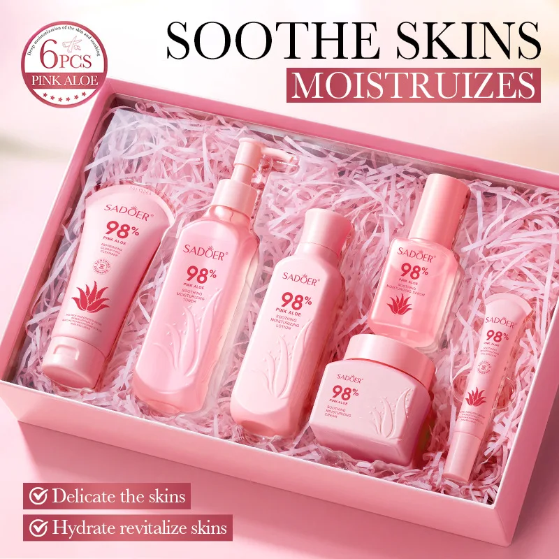 

6pcs/Set Pink Aloe Vera Care Sets Face Cream Serum Toner Facial Cleanser Sunscreen Eye Cream Face Skin Care Set Product Gift box