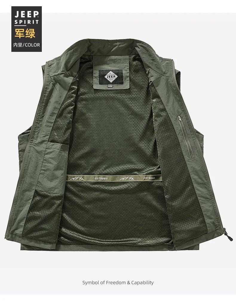 JEEP SPIRIT men fashion multi-bag stand-up collar loose vests youth outdoor camping casual sports comfortable breathable jacket