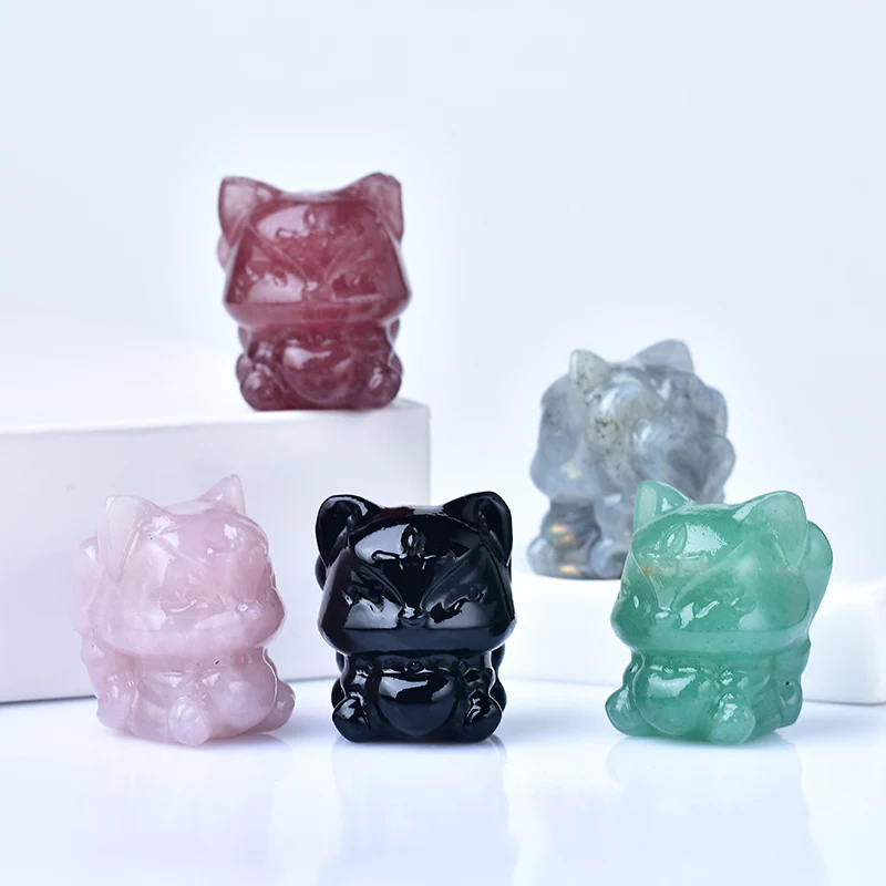 1PC Natural Crystal Nine-tailed Fox  Gemstone Animal Carving Crafts Rose Quartz Cartoon Made Ornaments Collection Healthy Toys