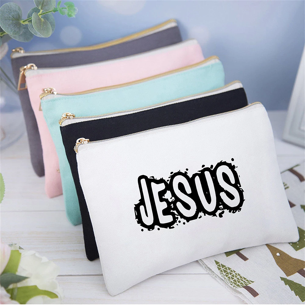 Bolsa de cosméticos con estampado de Jesús para mujer, bolsa de cosméticos de lona, bolsas de maquillaje para damas, bolsa de aseo de lavado de viaje, bolsa de lápices de embrague