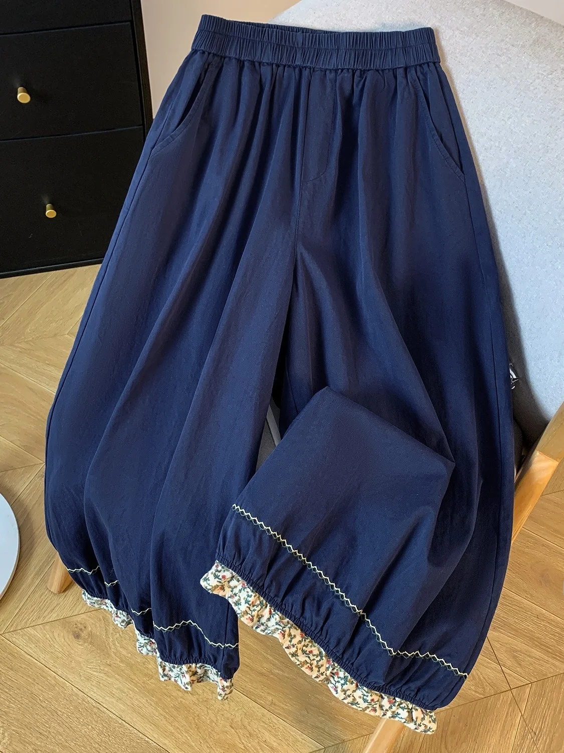 Japanese Style Pure Cotton Lace Trim Embroidered Wide Leg Pants Women Summer plus Size Nine Points Comfortable All Match Flow...