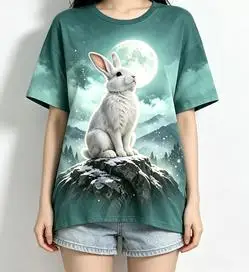 Women Crew Neck Short Sleeve T‑shirt White Rabbit Full Moon Mountain Forest Teal Tie‑Dye Print Casual Summer Tops