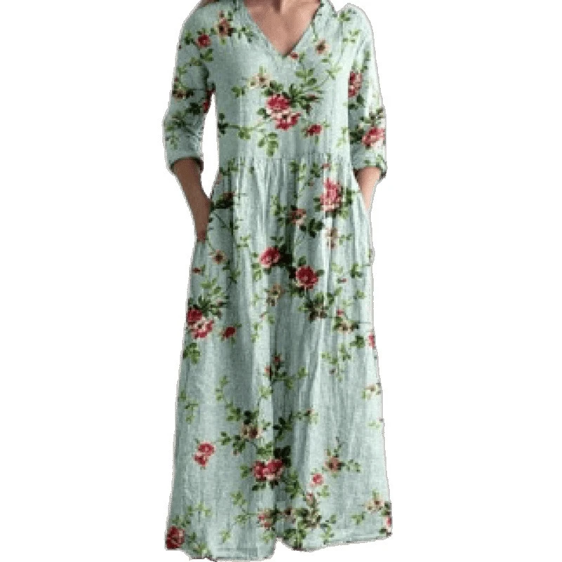 夏カジュアルルーズ長袖ドレス 3D プリント花柄女性のファッションエレガントなビーチウェアパーティー着用マキシドレス