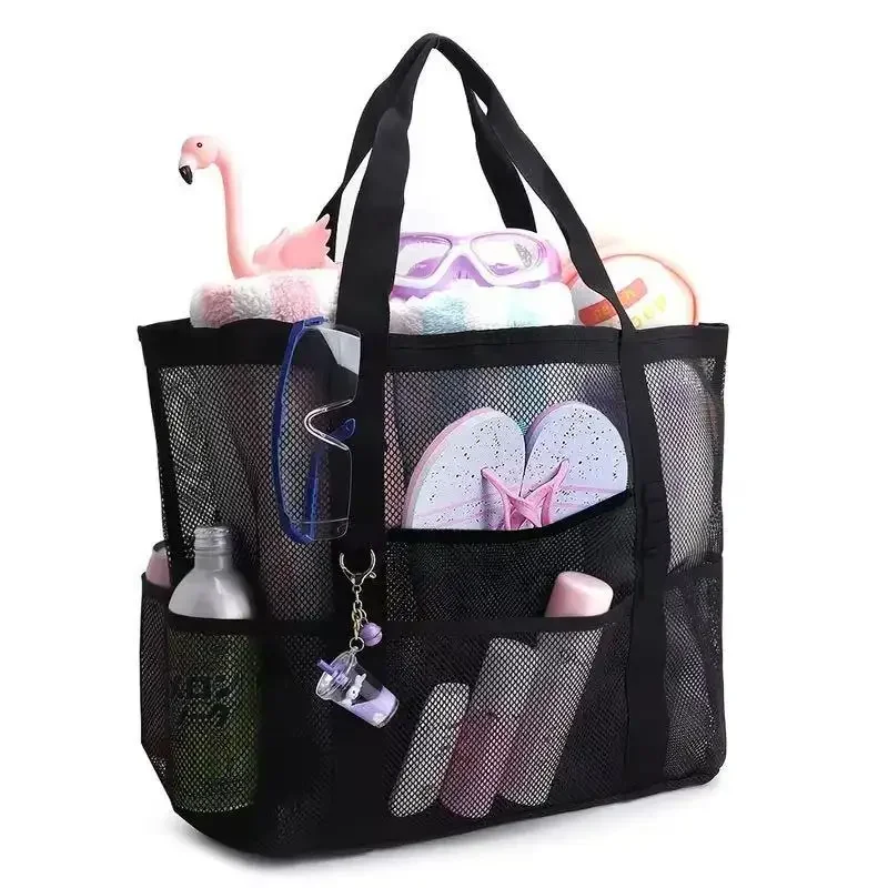 

Mesh Beach Bag with Multiple Pockets Lightweight Breathable Shoulder Bag for Bathroom Toys Large Capacity Multi-Pocket Mesh Tote