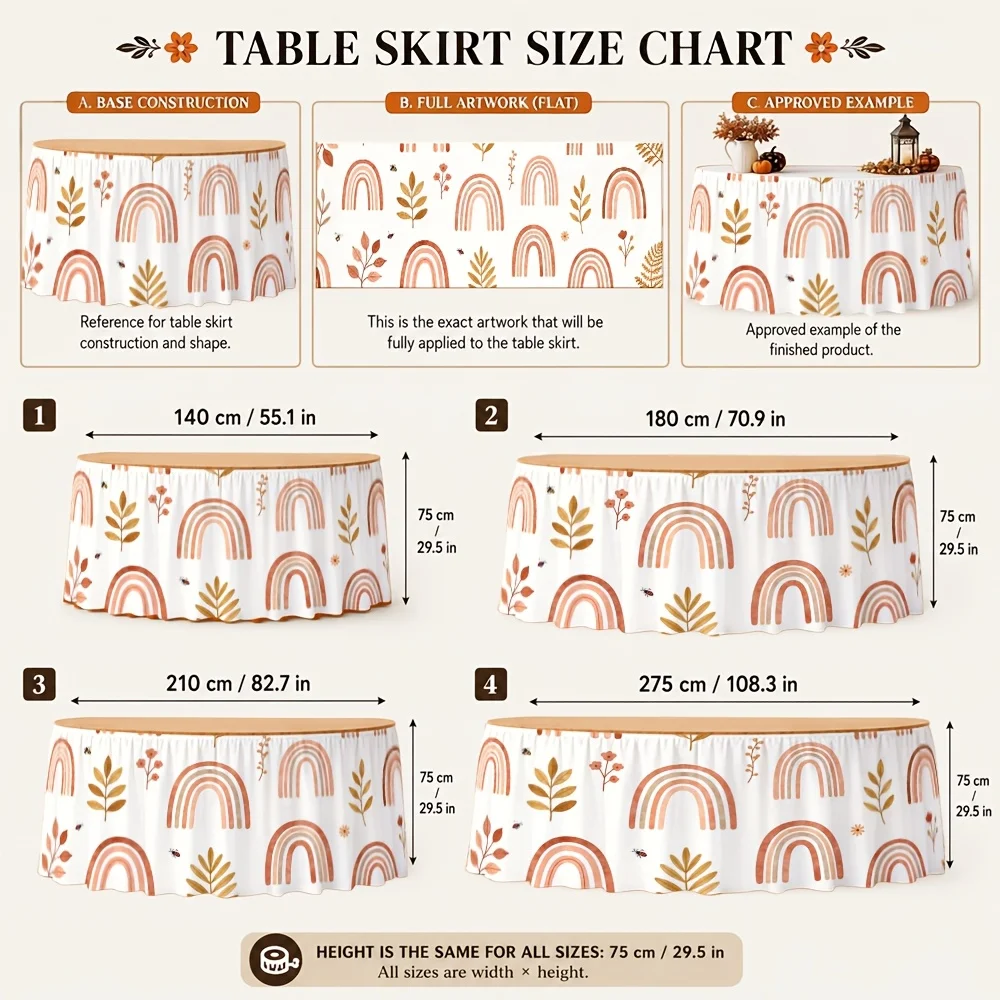 One table skirt tablecloth with printed design made of polyester, featuring bohemian style, earthy and simple warm tones.