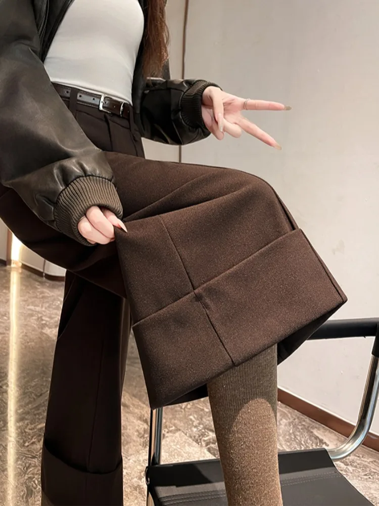 Pantaloni a Gamba Larga in Tweed da Donna, Vita Alta, Nuovi per Autunno e Inverno, Casual con Risvolto, Eleganti e Monocolore