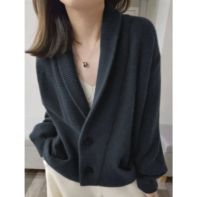 Cardigan women 100 pure cashmere knitwear European high-end autumn and winter loose suit collar thick sweater coat