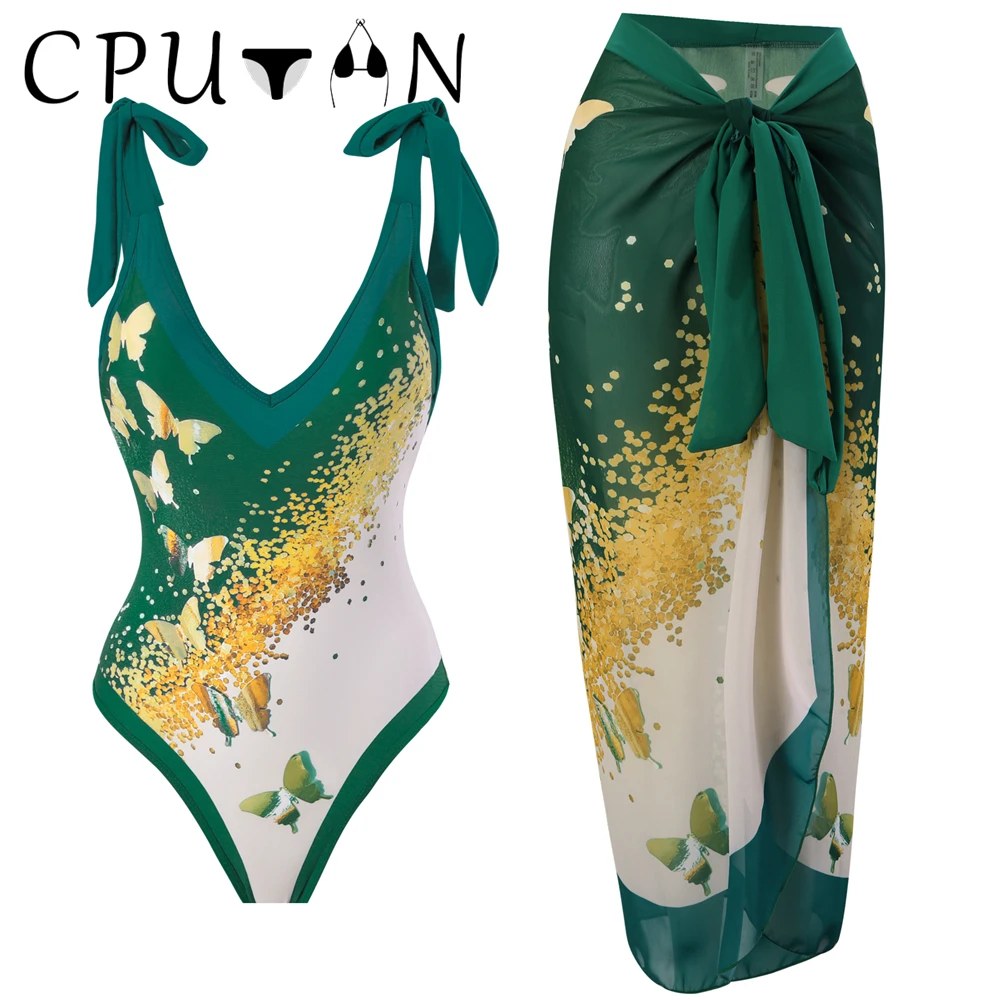 

CPUTAN 2024 Sexy Bikini Set Women One Piece Swimsuit with Sarong Dress Print Brazilian Swimwear Skirt Cover Up Summer Beachwear