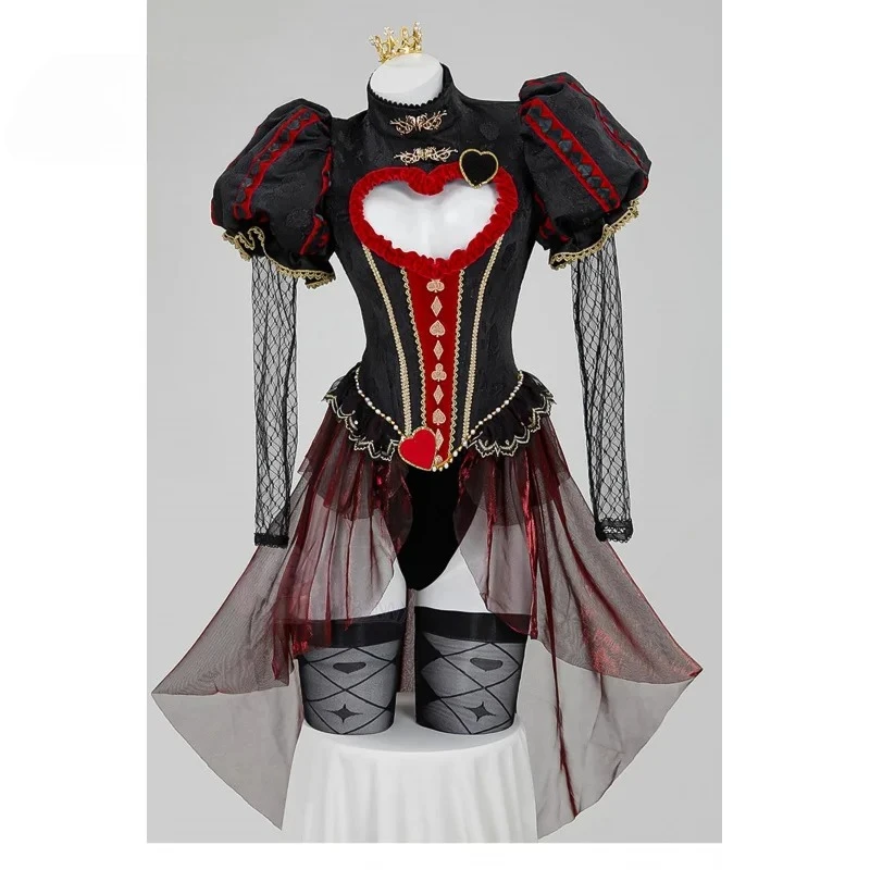 

Алиса в стране чудес, королева сердец, карнавальный костюм на Хэллоуин, женский фэнтезийный комбинезон с короной, перчатки, носки, сексуальный комплект униформы