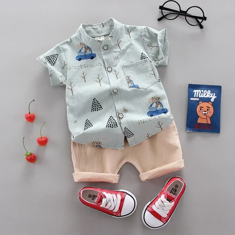 Summer Toddler Set Children Print Bear Short Sleeved Shirt Shorts Sets Baby Boys Outdoor Standing Collar Tops Fashion Kids Suit