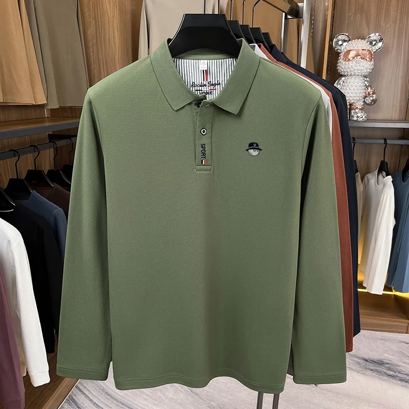 Klassisches Herbst-Trend-Polohemd für Herren mit hochwertigem Revers, einfarbigem Druck, langen Ärmeln, bequem und lässig, Herrenbekleidung – Detail 5